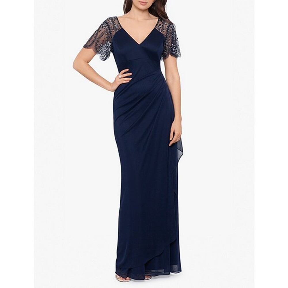 Xscape Beaded Sheer Flutter Sleeve Cascading Draped Waist Gown Navy Size 12 NWT